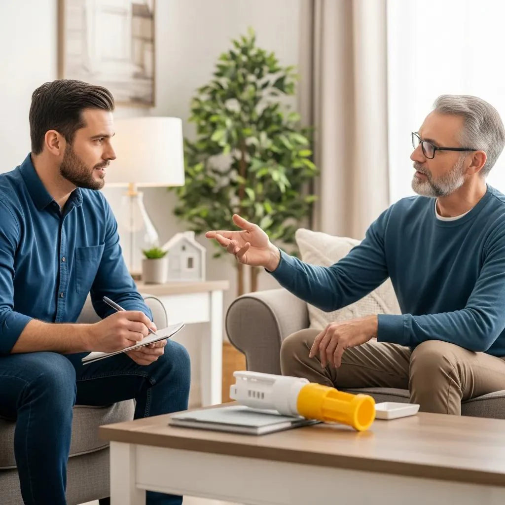Home improvement contractor discussing needs analysis with a homeowner in a cozy living room