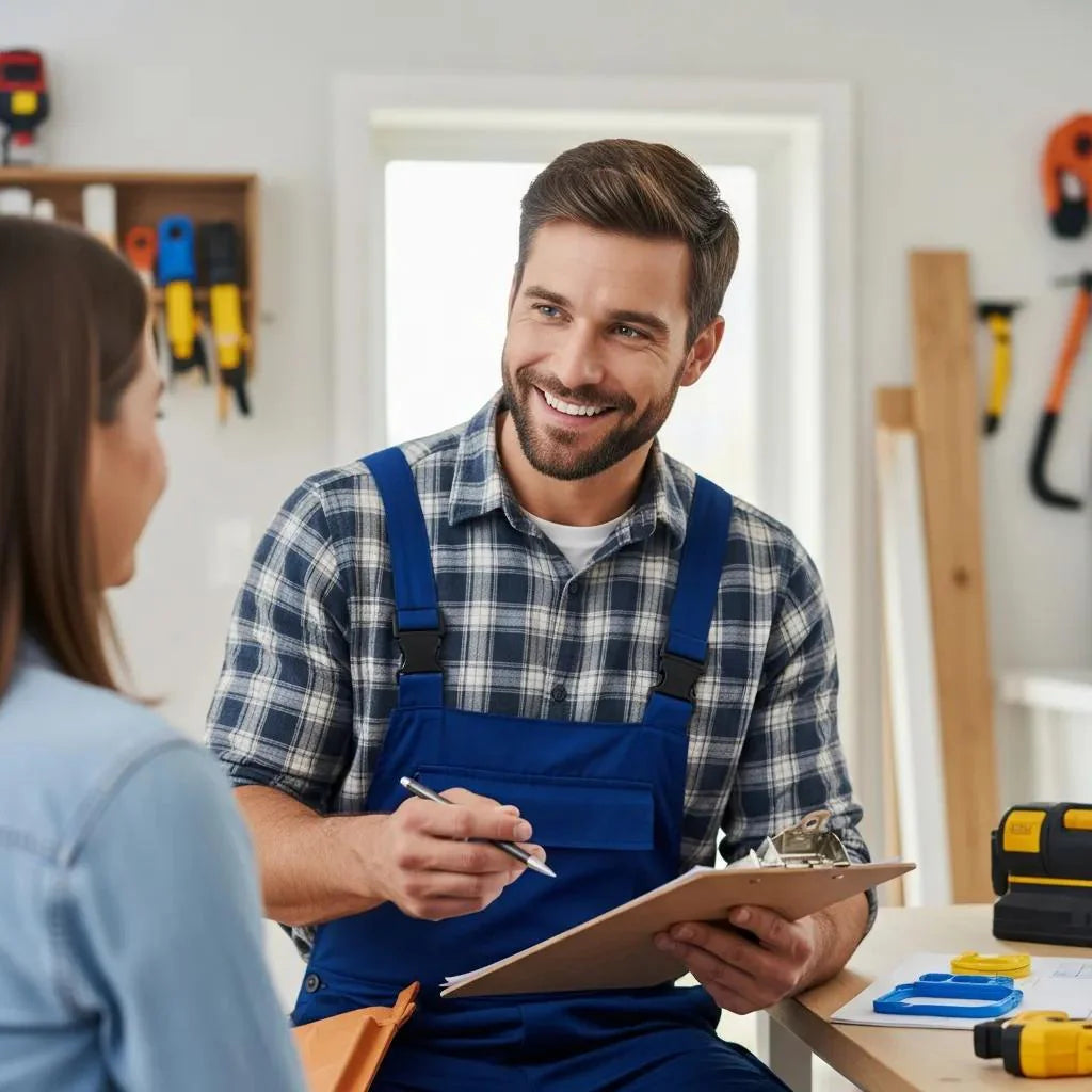 Home improvement contractor discussing project details with a client, emphasizing the importance of lead follow-up