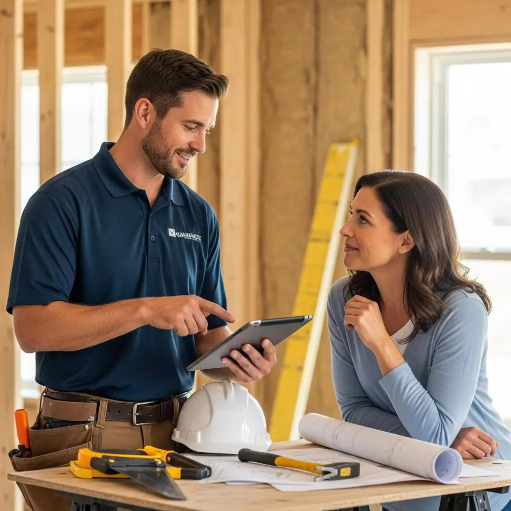 Home improvement contractor discussing project details with a homeowner at a construction site