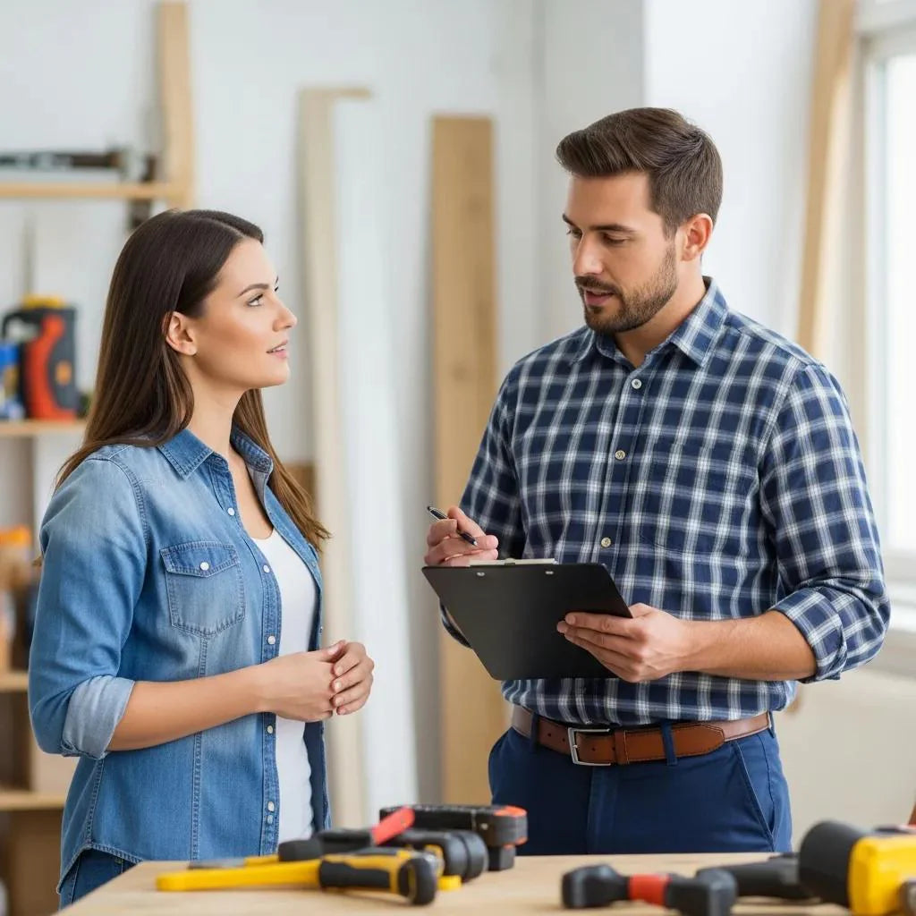 Home improvement contractor discussing project details with a homeowner at a job site