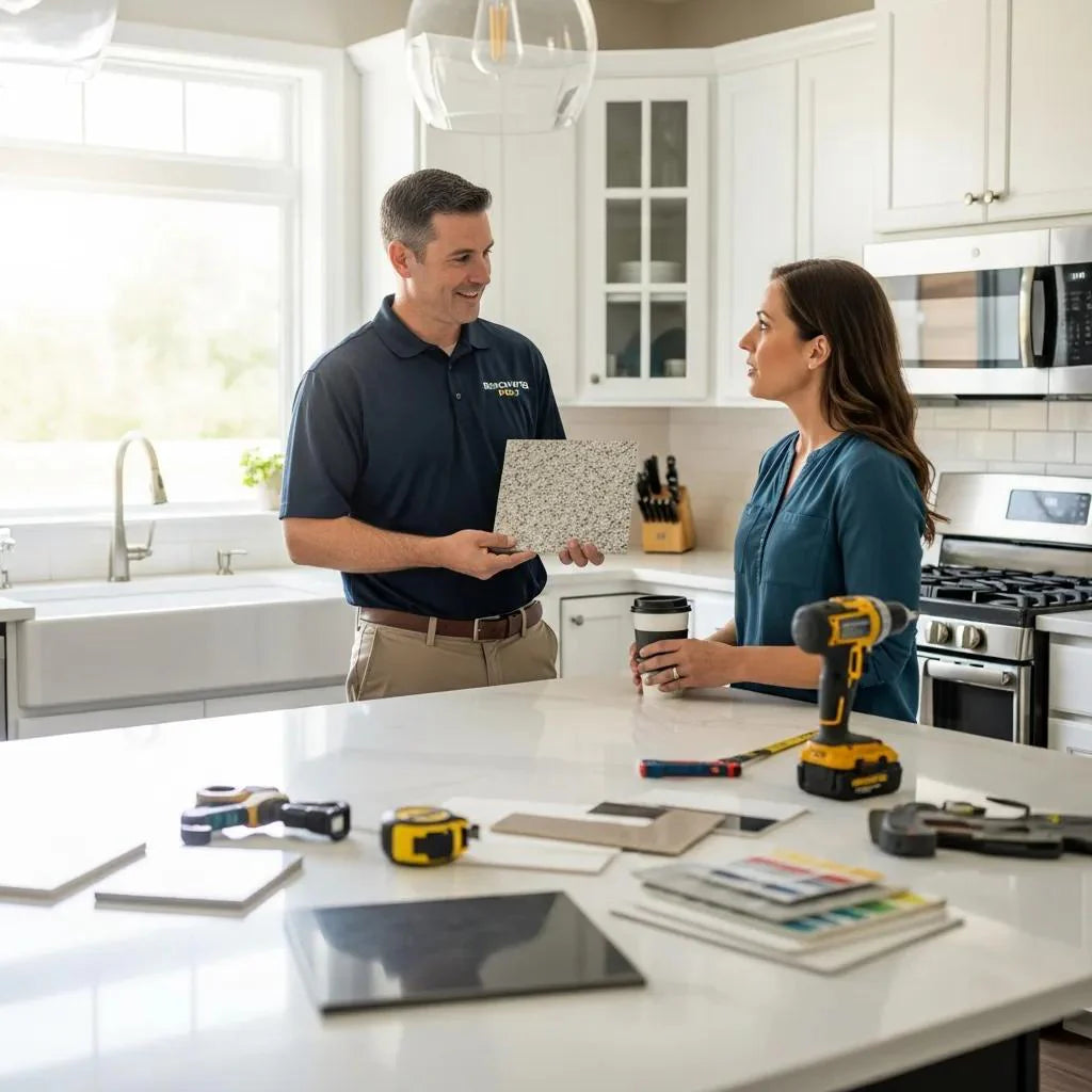 Home improvement contractor discussing remodeling options with a homeowner in a bright kitchen
