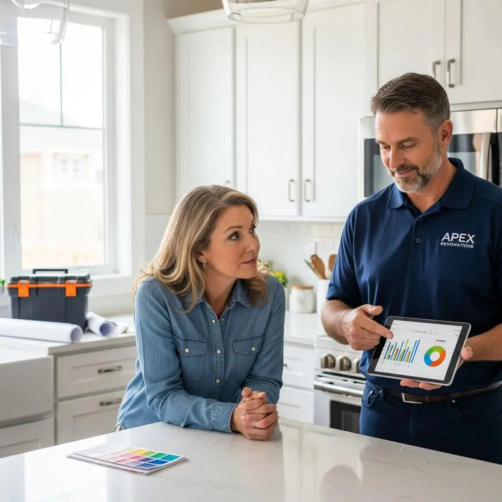 Home improvement contractor discussing sales metrics with a client in a modern kitchen