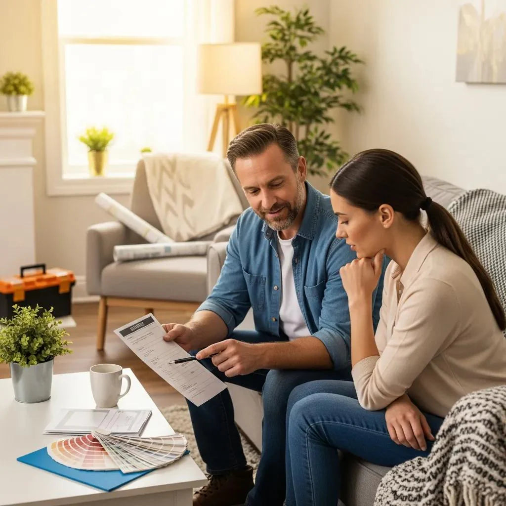 Home improvement contractor discussing sales scripts with a homeowner in a cozy living room