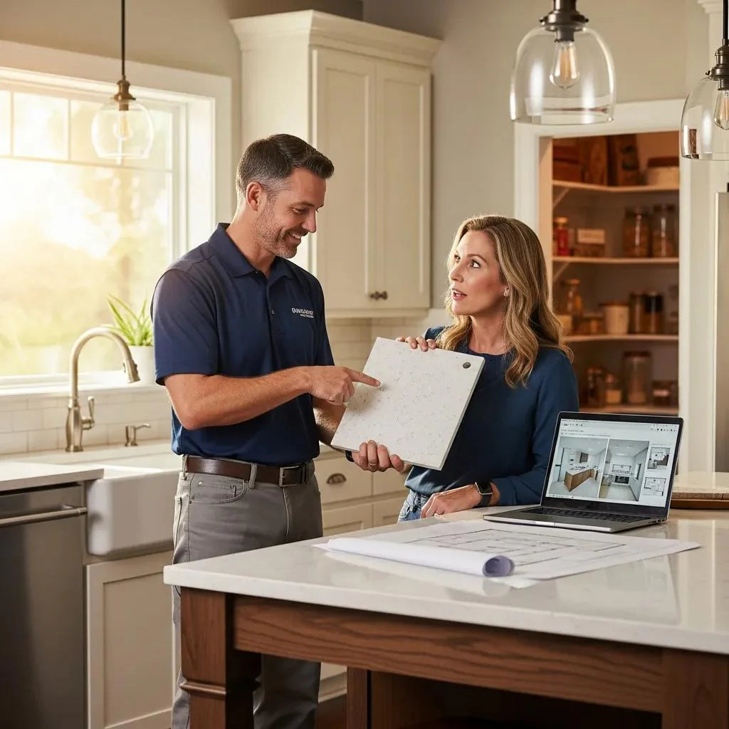 Home improvement contractor discussing upselling options with a homeowner in a kitchen