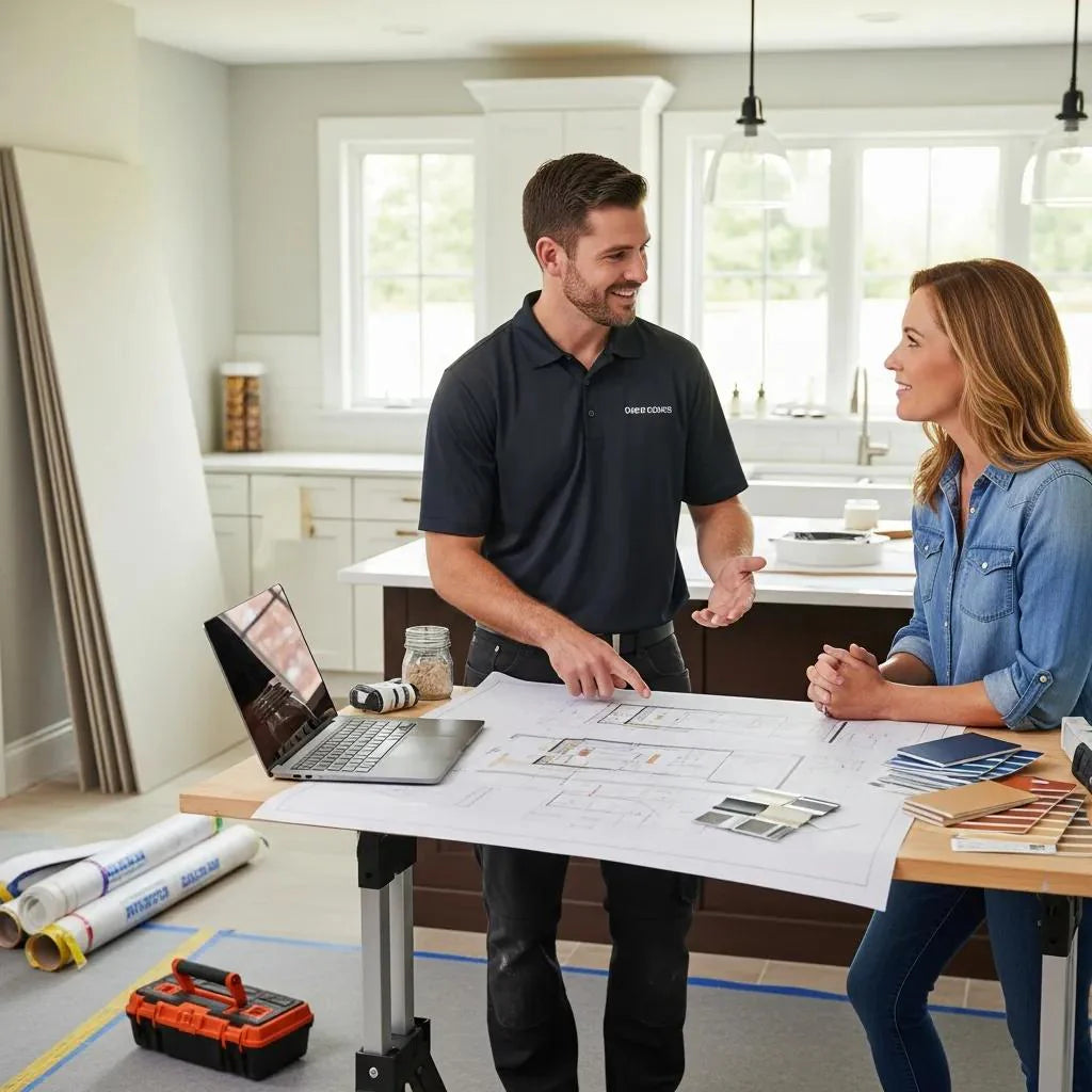 Home improvement contractor discussing value-based pricing with a homeowner in a modern kitchen