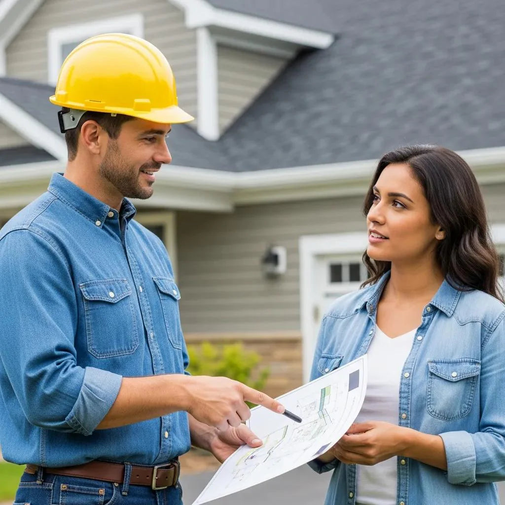 Home improvement contractor discussing value proposition with homeowner in front of a renovated house