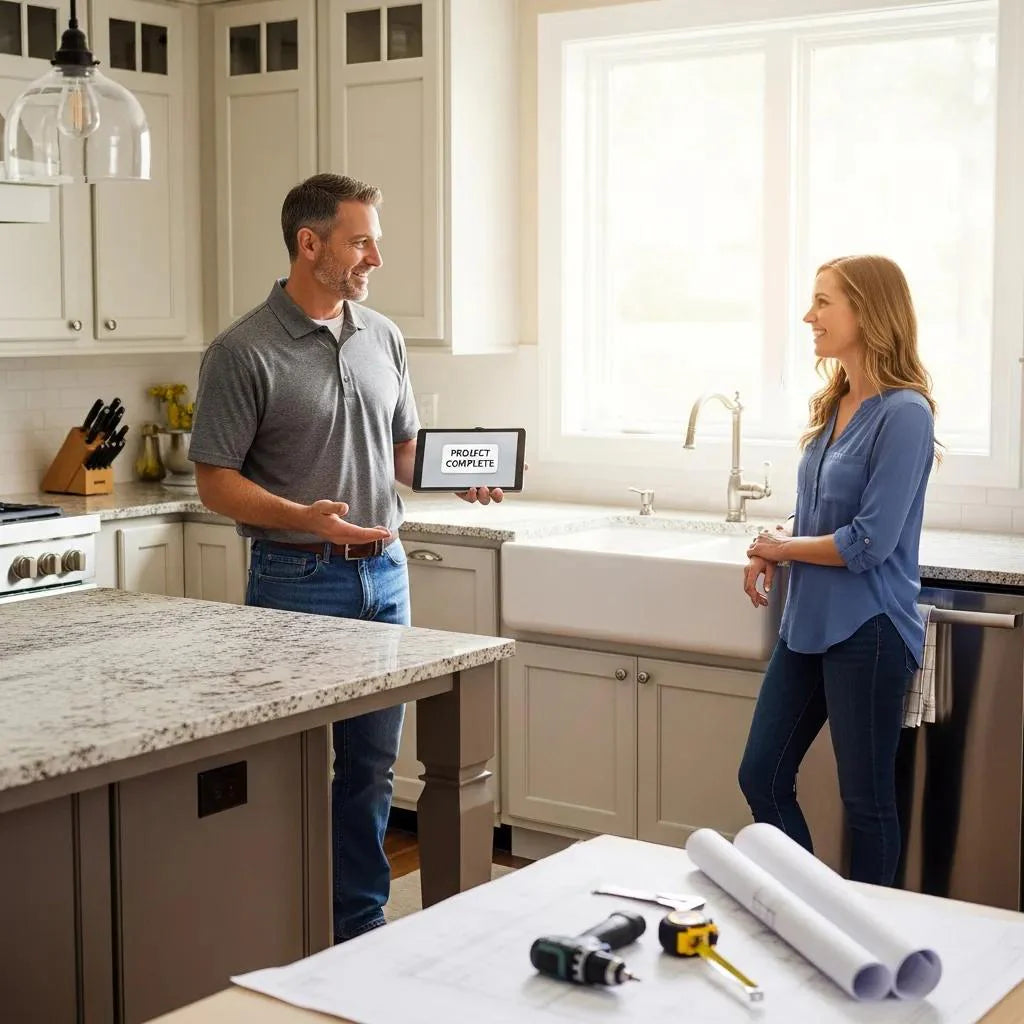 Home improvement contractor showcasing a renovated kitchen to a satisfied homeowner, highlighting customer satisfaction