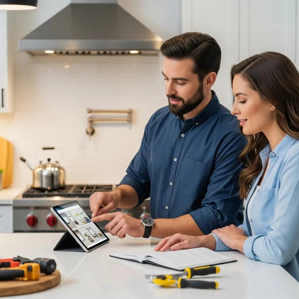 Home improvement contractor showing digital design options to a homeowner in a modern kitchen