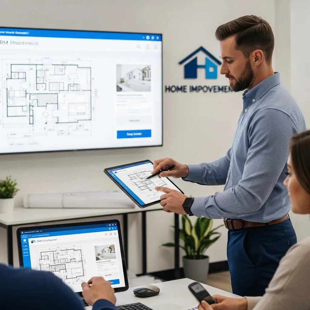 Home improvement contractor using sales technology tools in a modern workspace