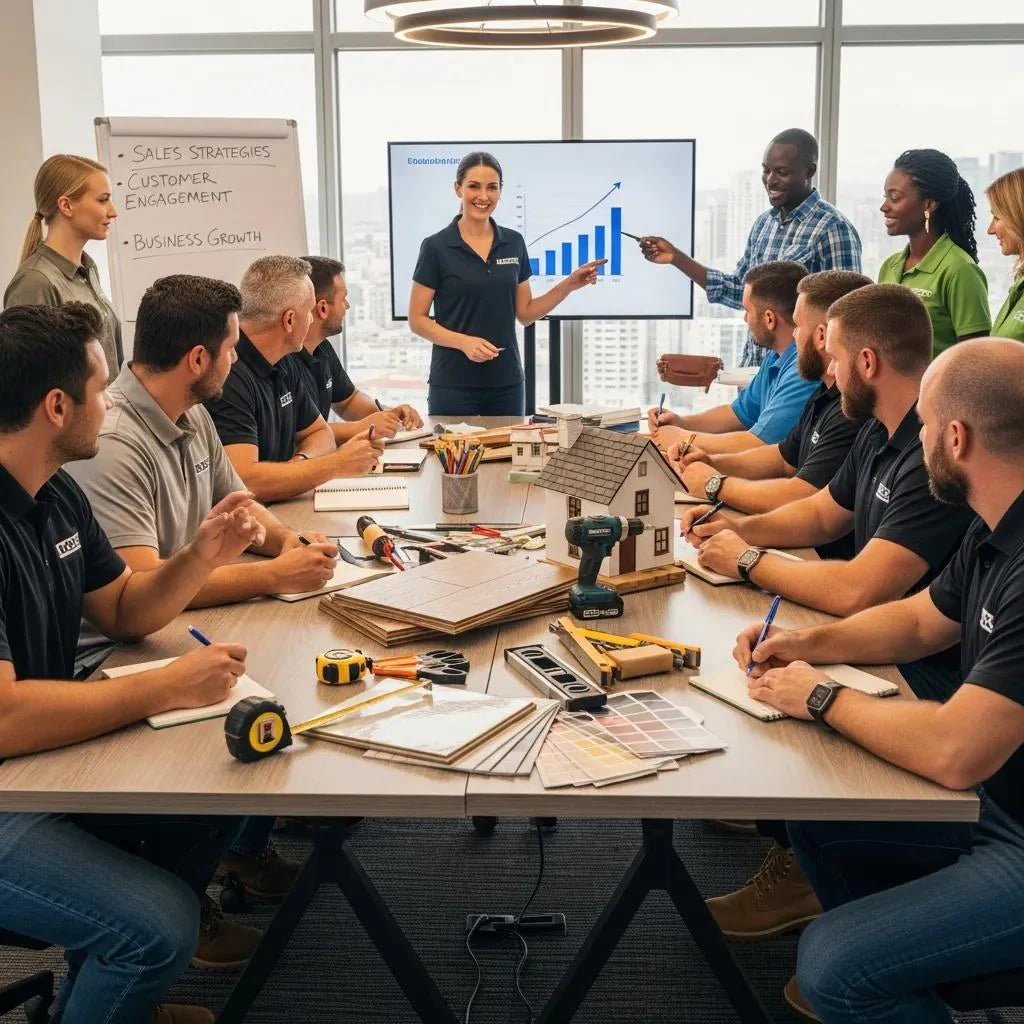 Home improvement contractors engaged in a dynamic sales training session