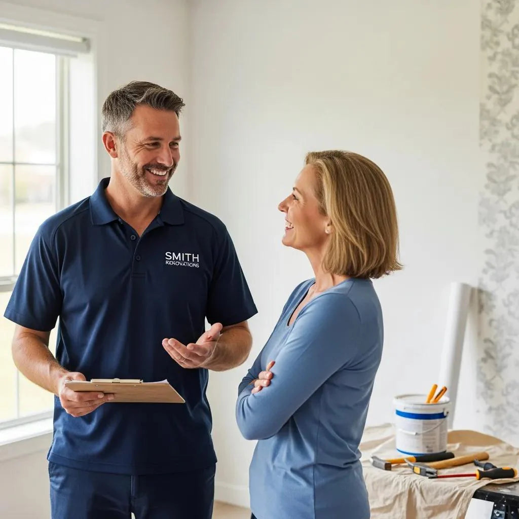 Home improvement professional discussing customer feedback with a satisfied client in a cozy home environment