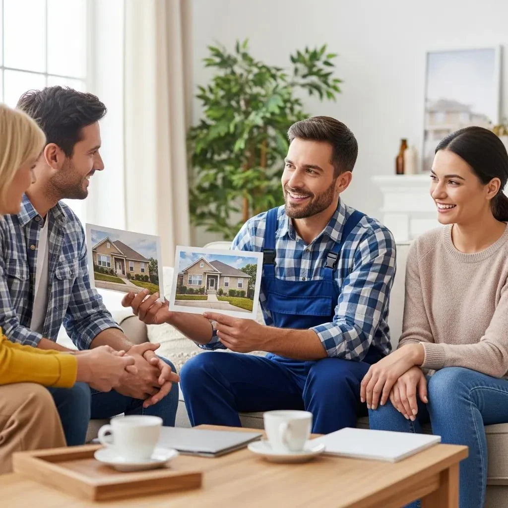 Home improvement professional showcasing social proof to clients in a cozy living room