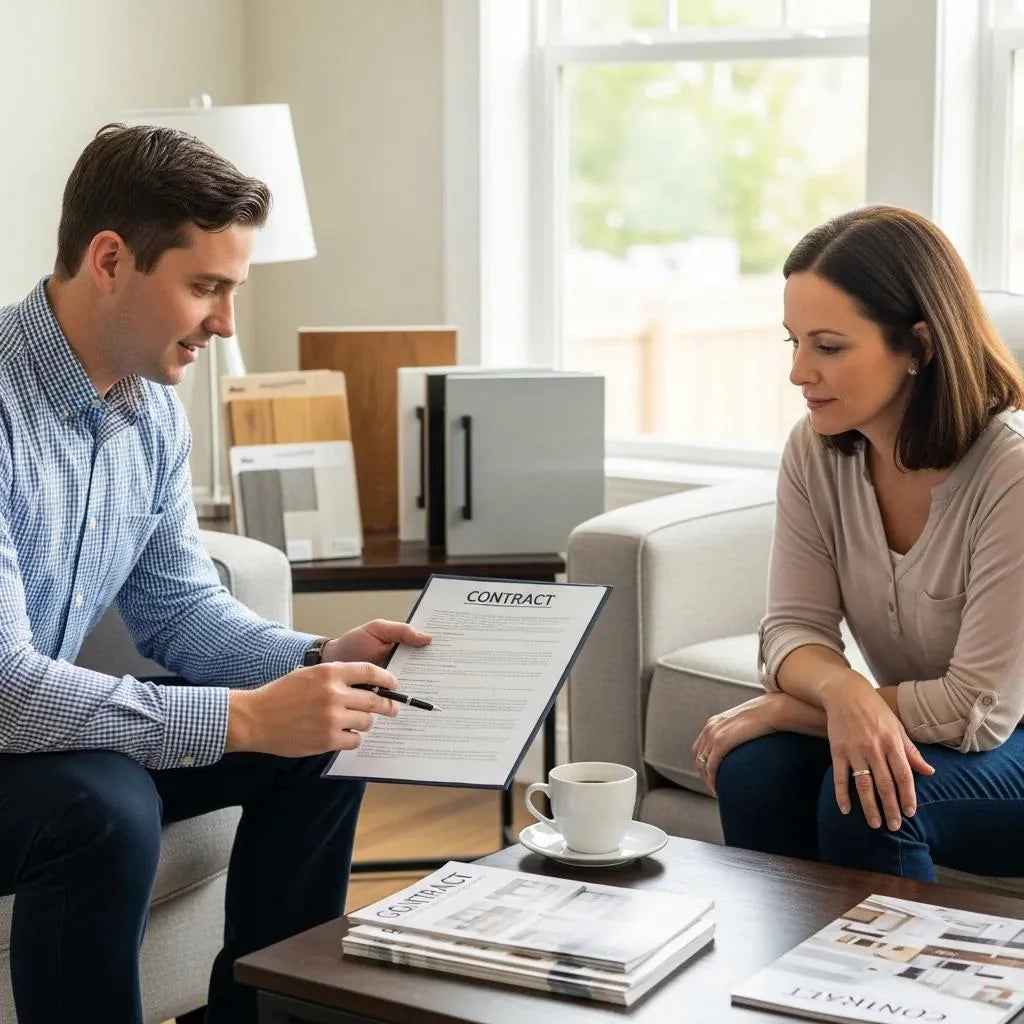 Home improvement sales professional discussing contract with homeowner in a cozy living room