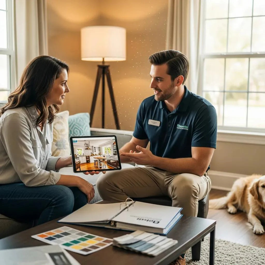 Home improvement sales professional presenting a proposal to a homeowner in a cozy living room