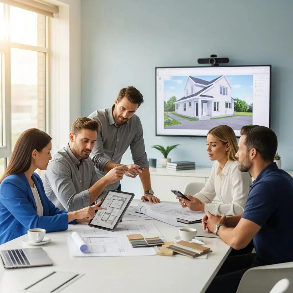 Home improvement sales team utilizing technology tools in a collaborative office setting