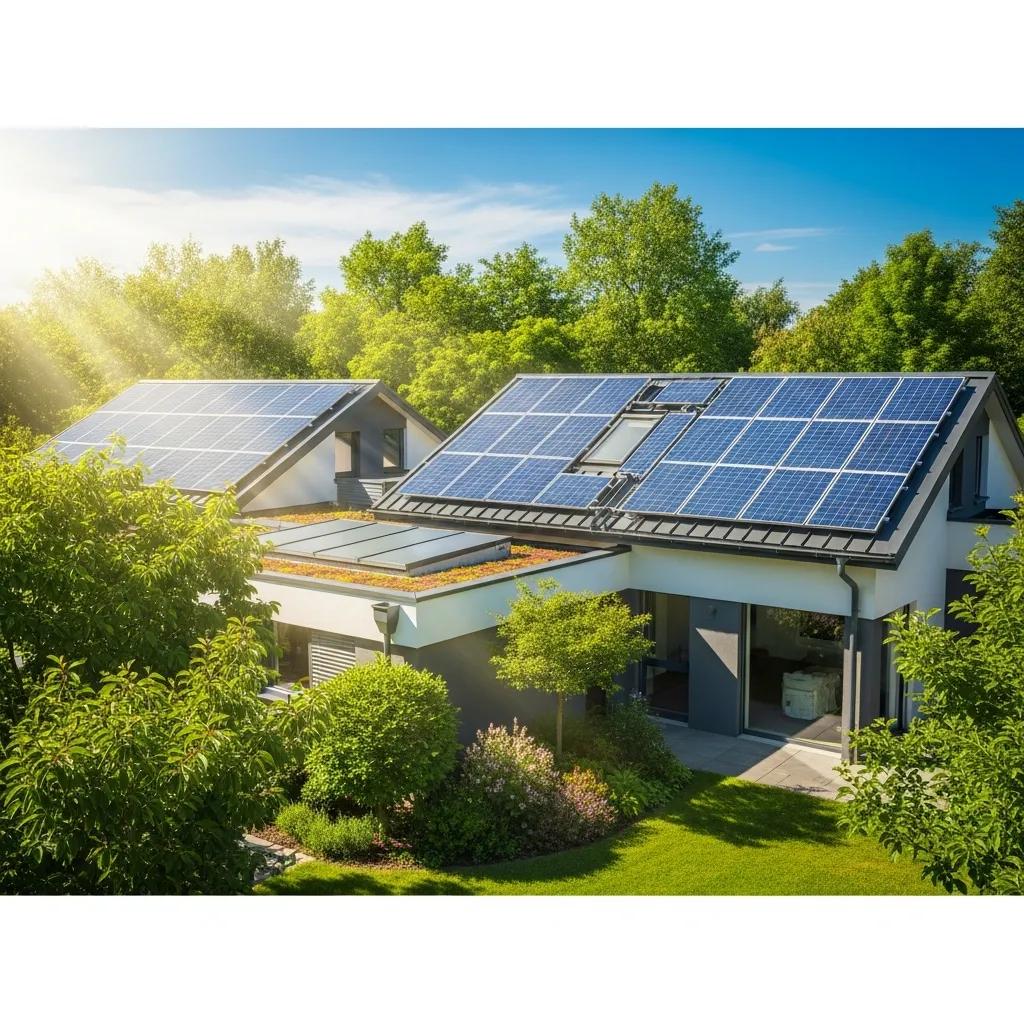 Modern energy-efficient home with solar panels and greenery, representing sustainable living