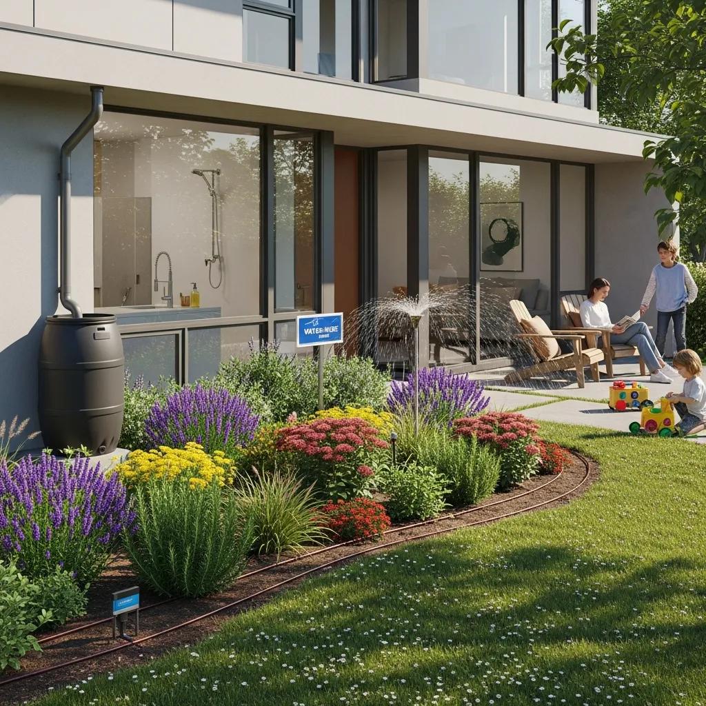 Modern home featuring water-efficient upgrades and lush landscaping