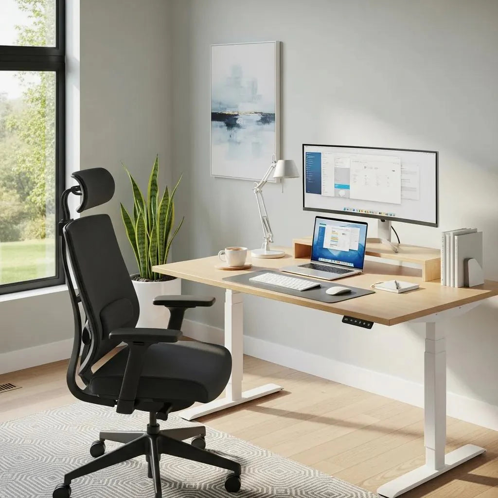 Modern home office setup with ergonomic furniture and natural light