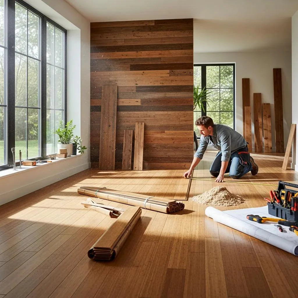 Modern home renovation featuring sustainable materials like bamboo flooring and energy-efficient windows