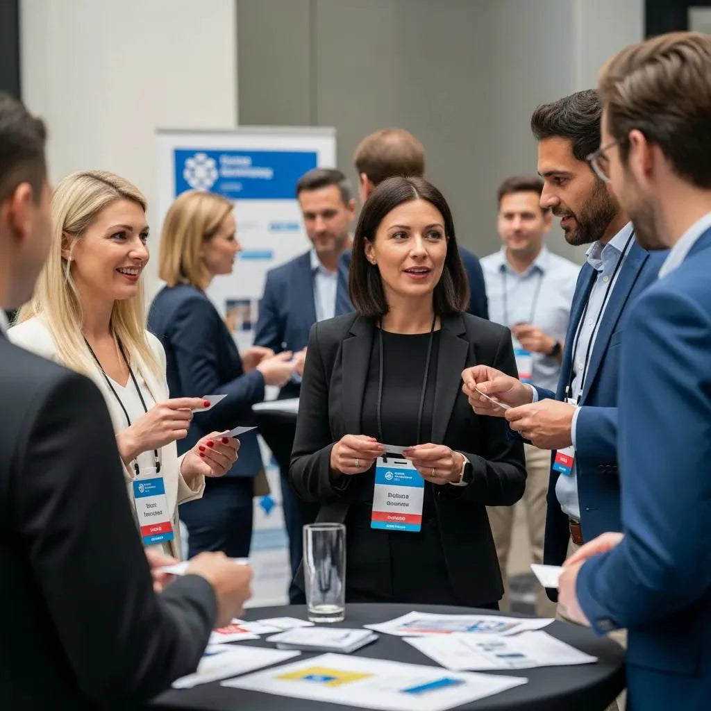 Sales professionals networking at an event, showcasing diverse interactions and business exchanges