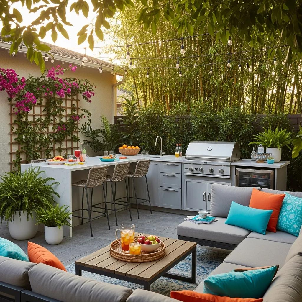 Stylish outdoor living space with patio and kitchen, enhancing home value